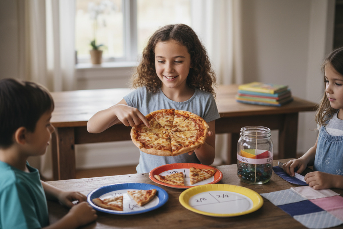 Alltagsszenen, in denen Kinder Anteile, Brüche und Prozent durch Teilen, Markieren und Vergleichen besser verstehen