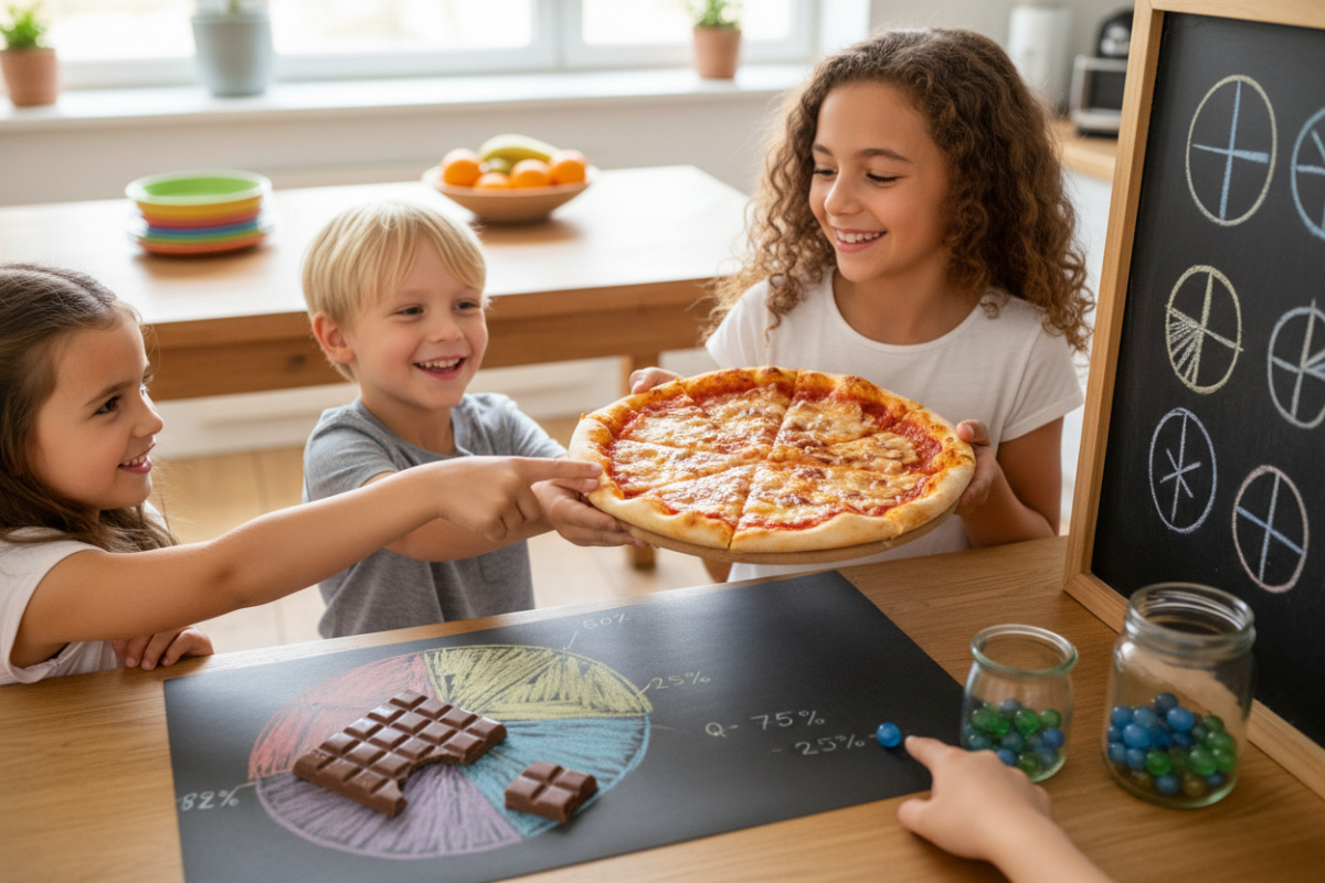 Alltagsszenen, in denen Kinder Anteile, Brüche und Prozent durch Teilen, Markieren und Vergleichen besser verstehen