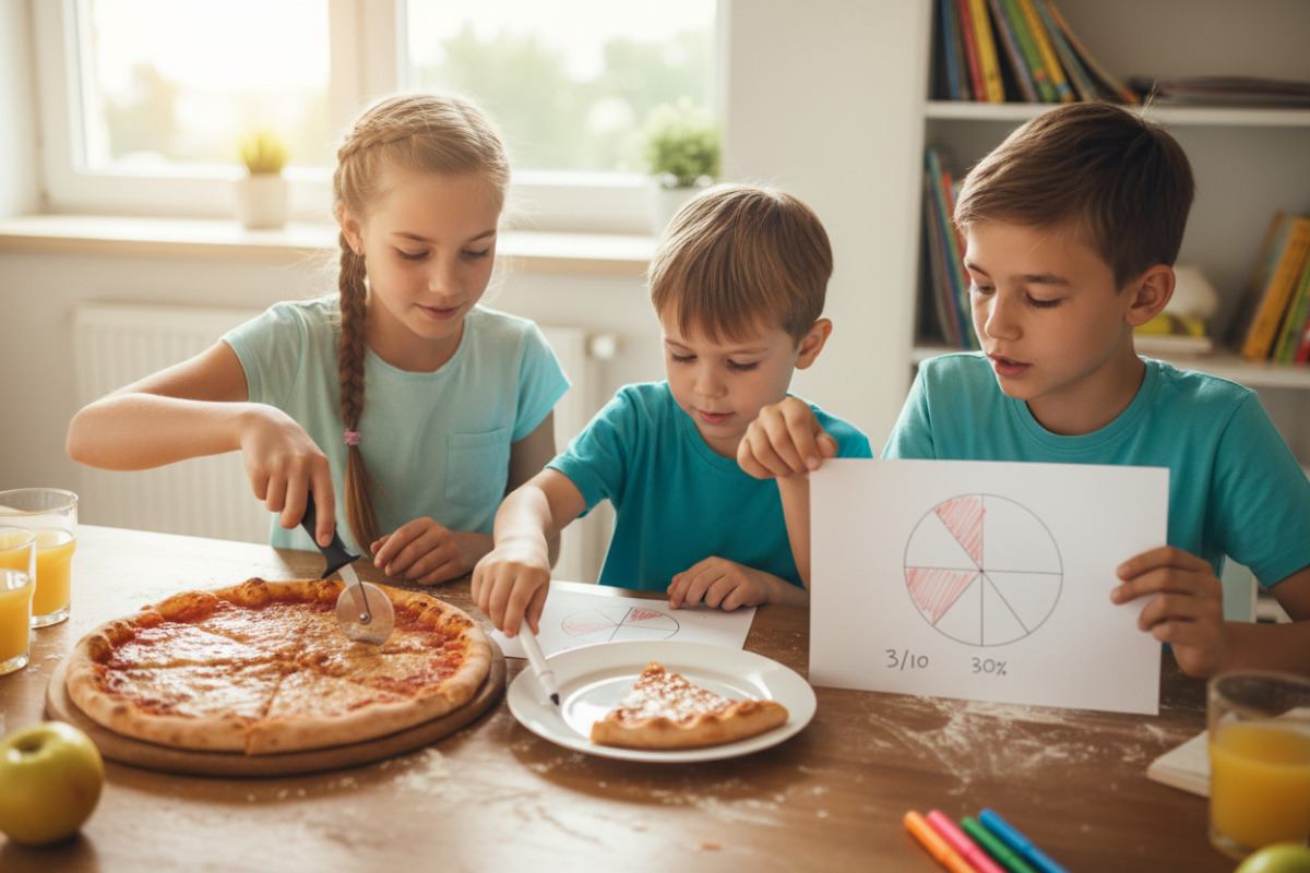 Alltagsszenen, in denen Kinder Anteile, Brüche und Prozent durch Teilen, Markieren und Vergleichen besser verstehen