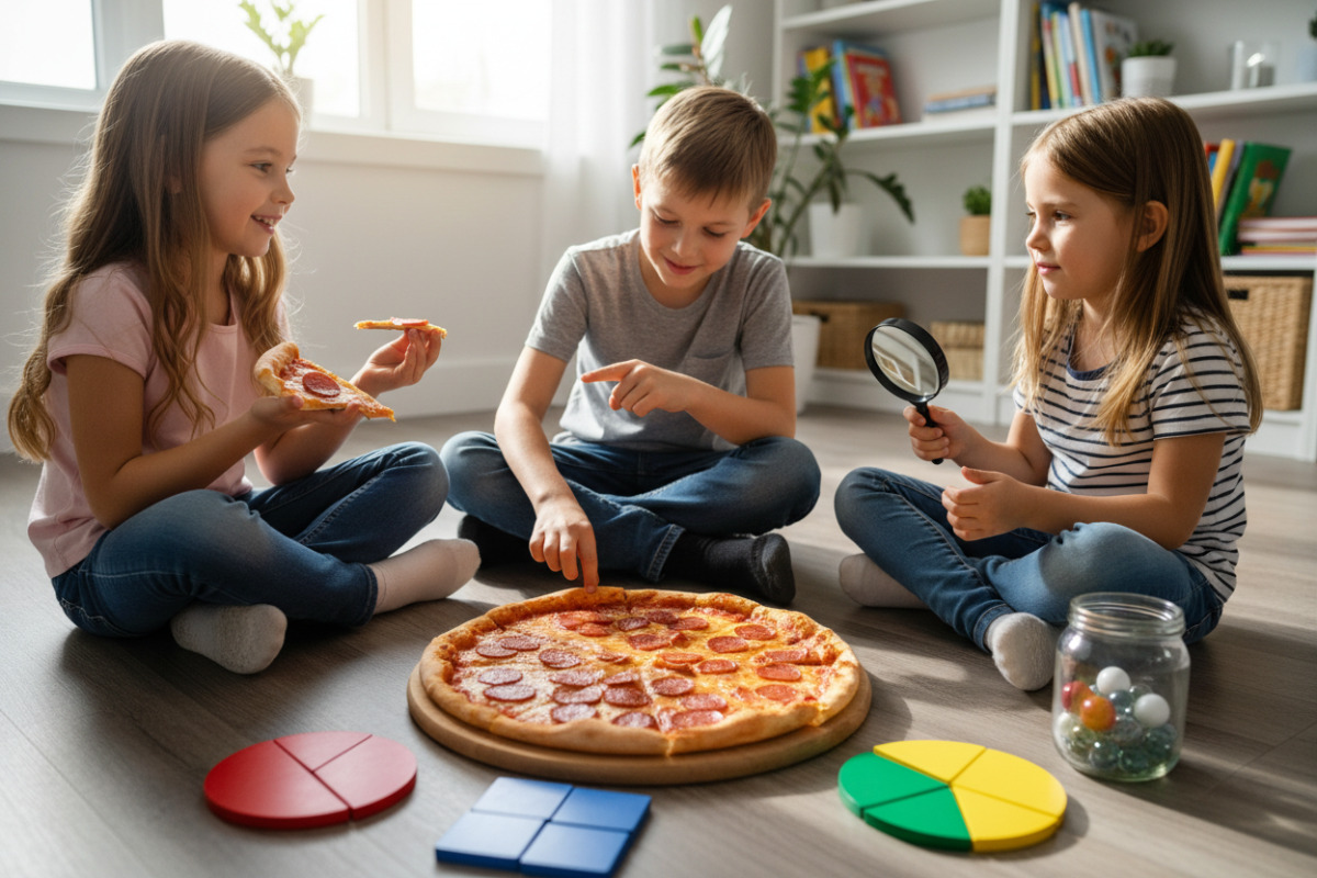 Alltagsszenen, in denen Kinder Anteile, Hälften und kleine Prozentwerte mit anschaulichen Materialien verstehen