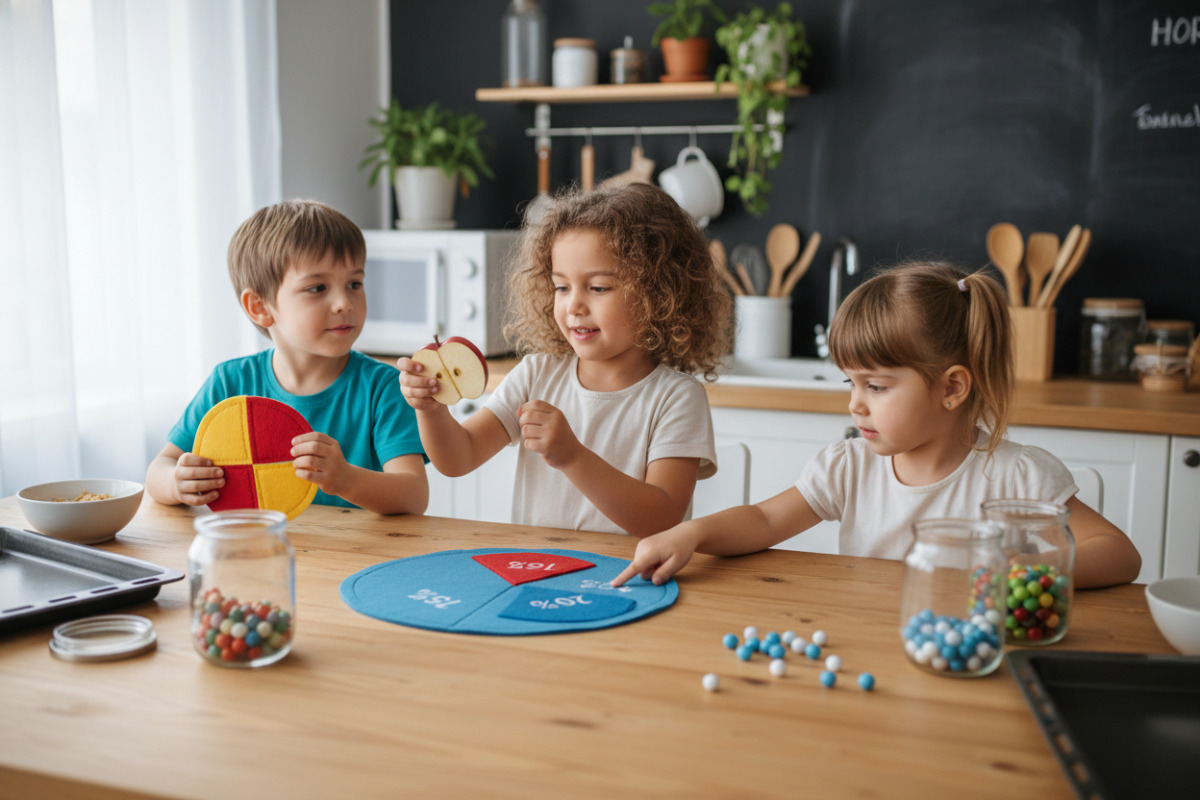 Alltagsszenen, in denen Kinder Anteile, Hälften und kleine Prozentwerte mit anschaulichen Materialien verstehen