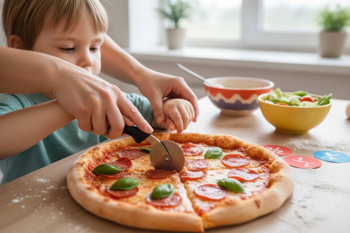 Alltagsszenen, in denen Kinder Anteile, Hälften und kleine Prozentwerte mit anschaulichen Materialien verstehen
