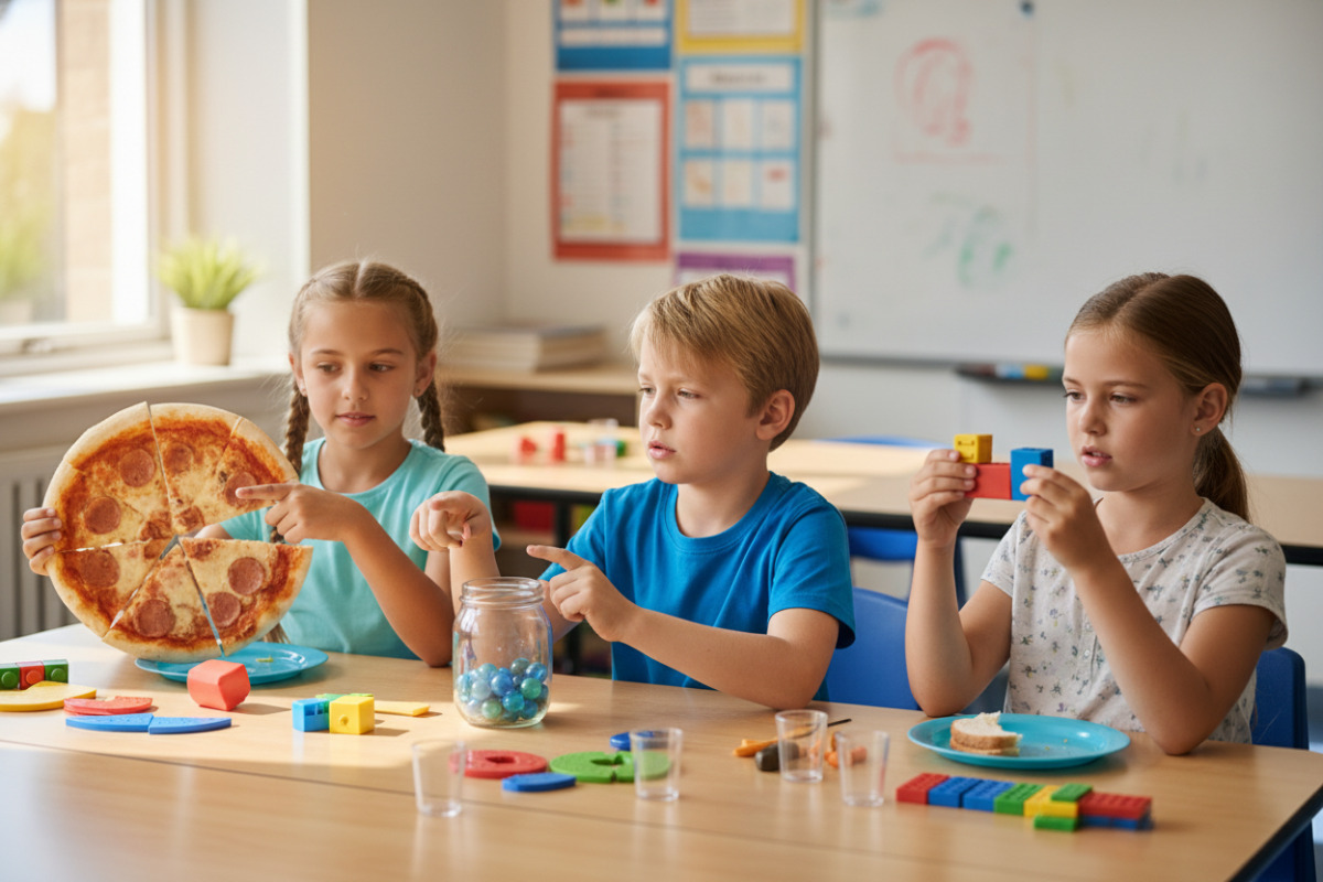 Alltagsszenen, in denen Kinder Anteile, Hälften und kleine Prozentwerte mit anschaulichen Materialien verstehen