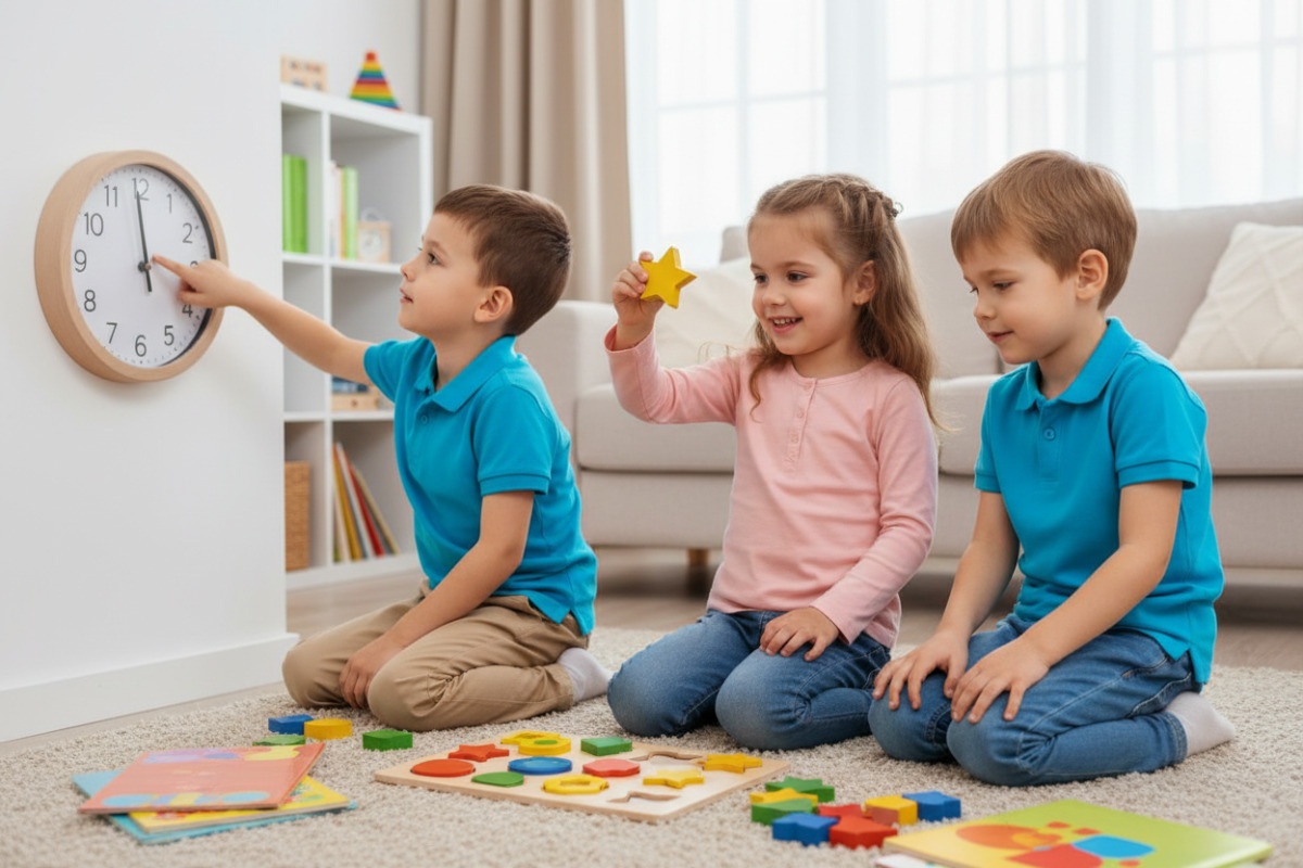 Alltagsszenen zeigen, wie Kinder Formen entdecken, kurz üben, Uhrzeiten anschauen und am Ende ein gutes Lerngefühl