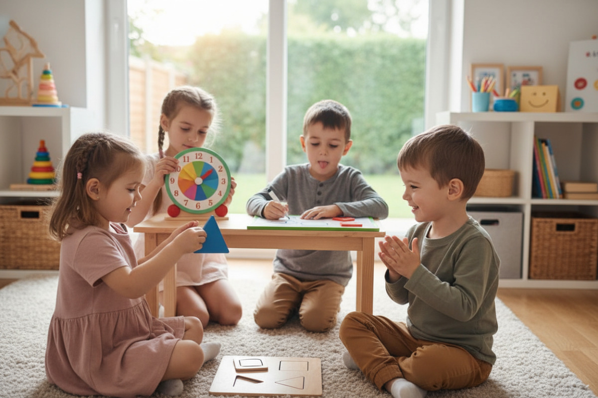 Alltagsszenen zeigen, wie Kinder Formen entdecken, kurz üben, Uhrzeiten anschauen und am Ende ein gutes Lerngefühl