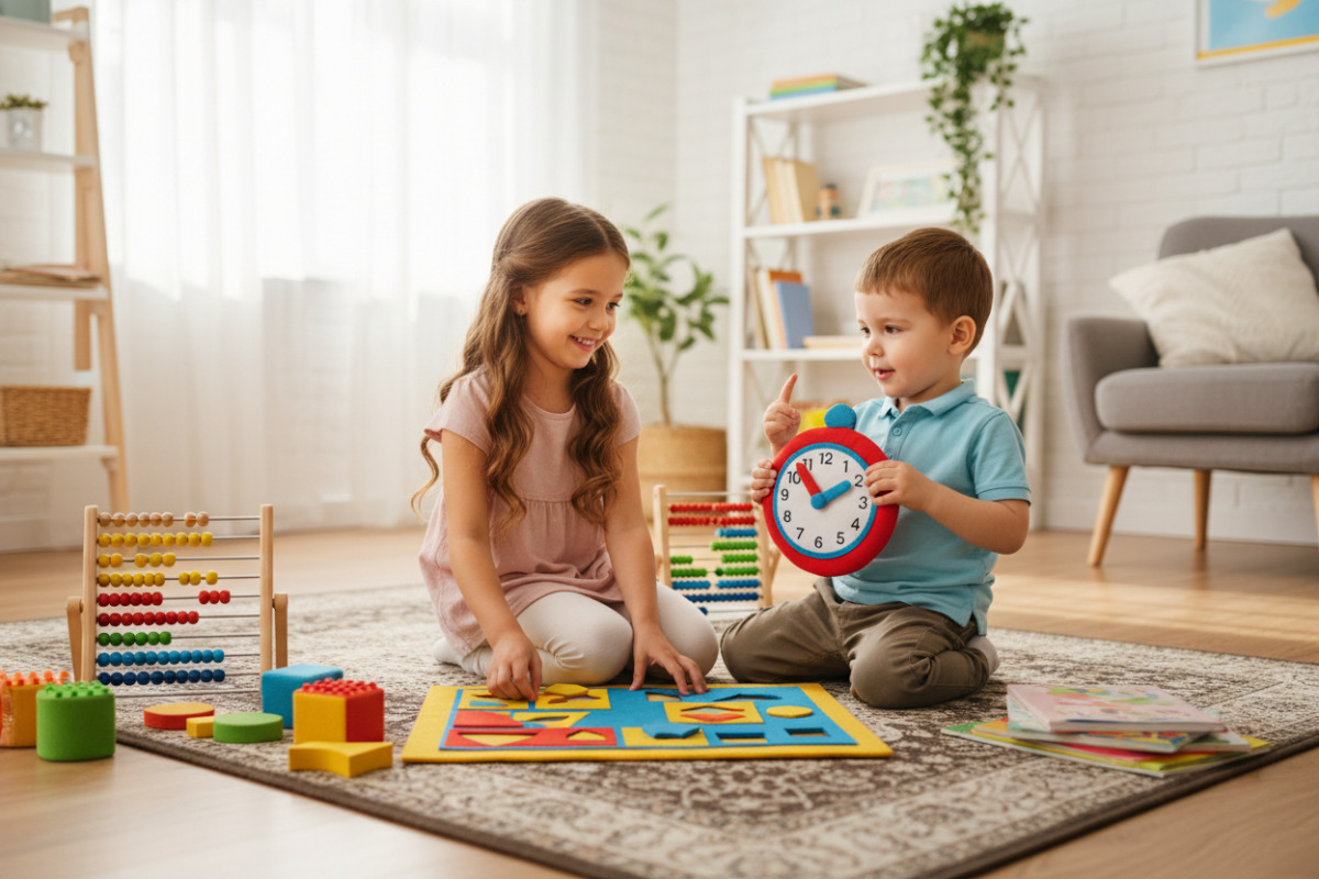 Alltagsszenen zeigen, wie Kinder Formen entdecken, kurz üben, Uhrzeiten anschauen und am Ende ein gutes Lerngefühl