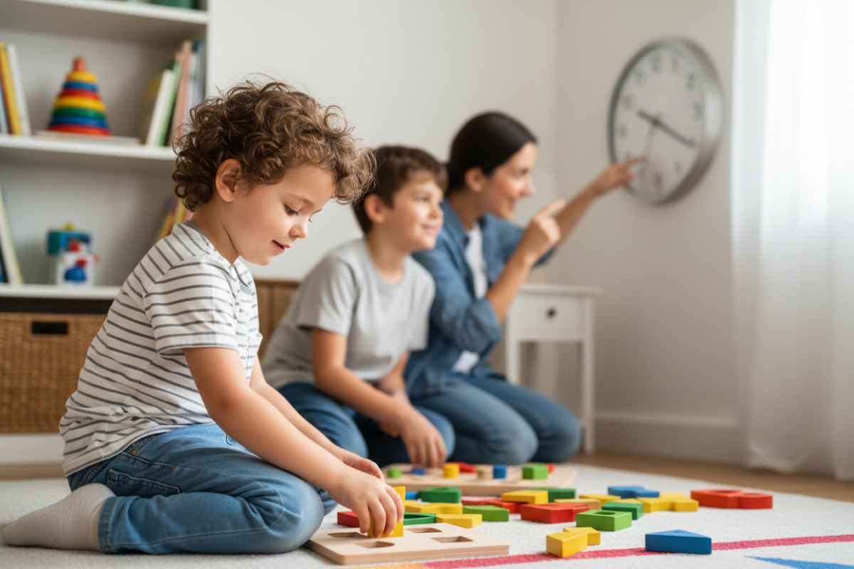 Alltagsszenen zeigen, wie Kinder Formen entdecken, kurz üben, Uhrzeiten anschauen und am Ende ein gutes Lerngefühl