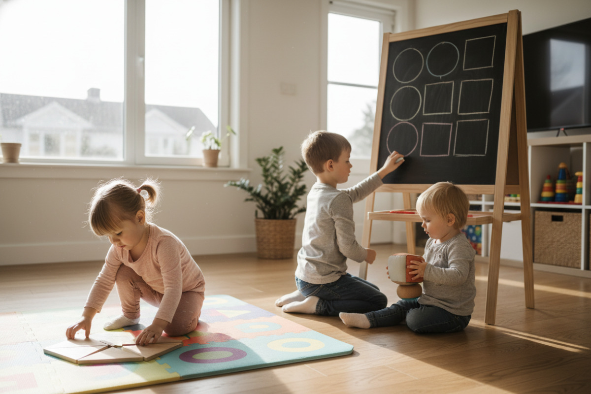 Alltagsszenen, in denen Kinder geometrische Formen suchen, legen, bauen und zeichnen
