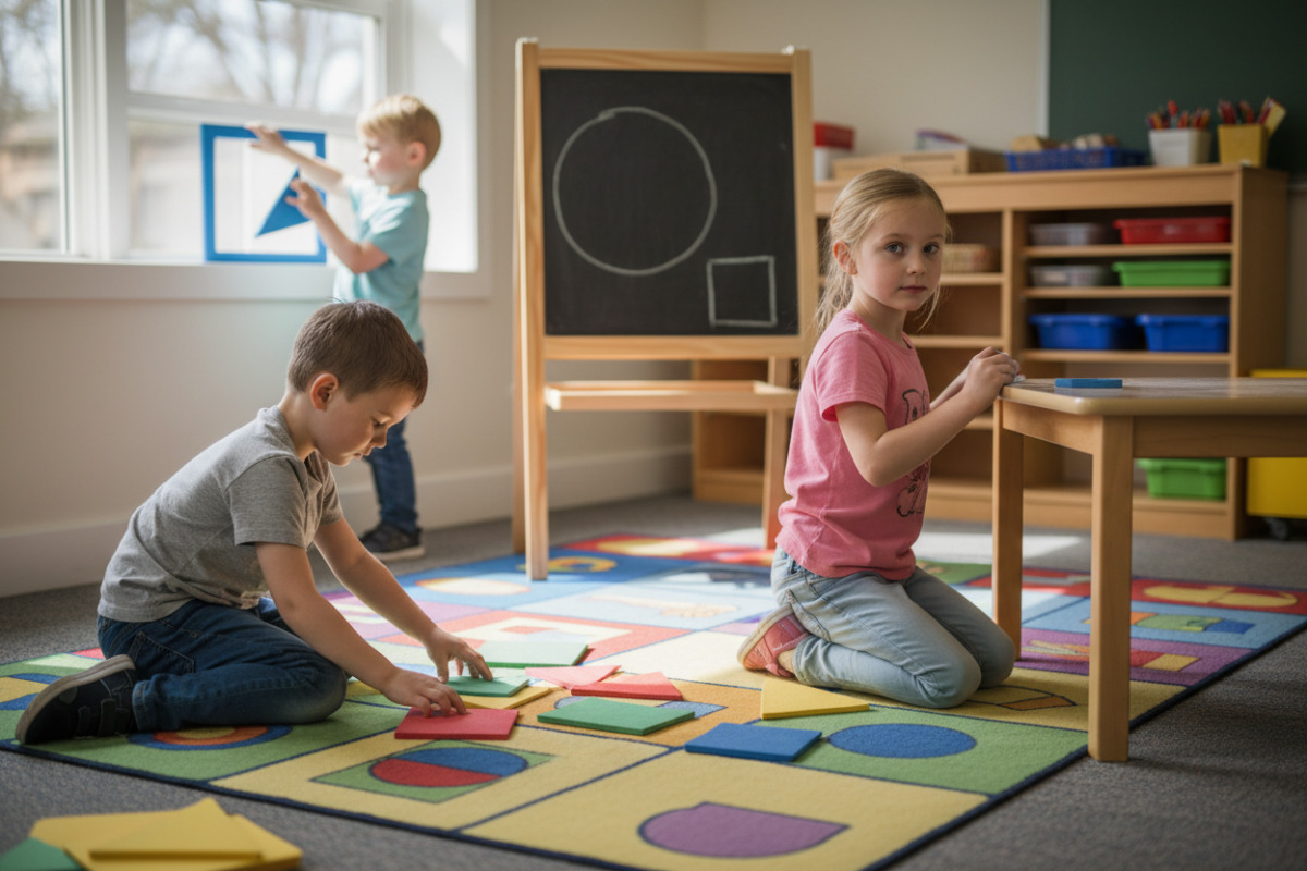 Alltagsszenen, in denen Kinder geometrische Formen suchen, legen, bauen und zeichnen