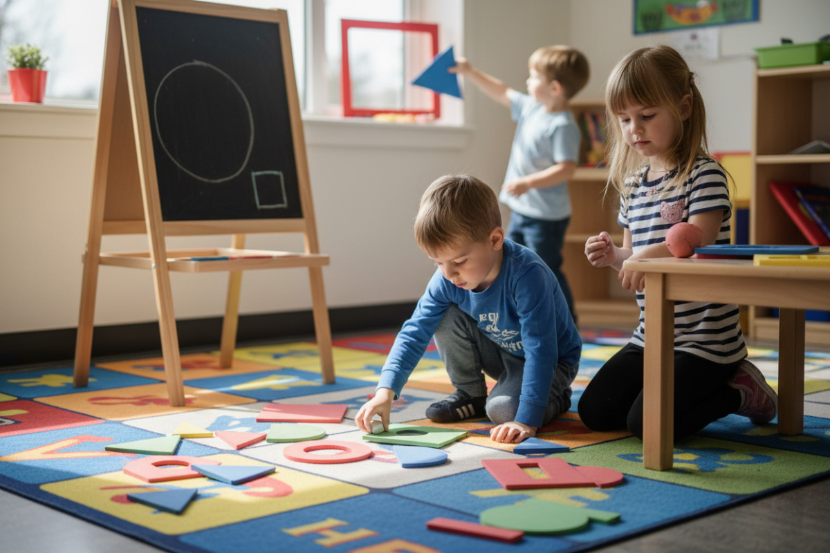 Alltagsszenen, in denen Kinder geometrische Formen suchen, legen, bauen und zeichnen