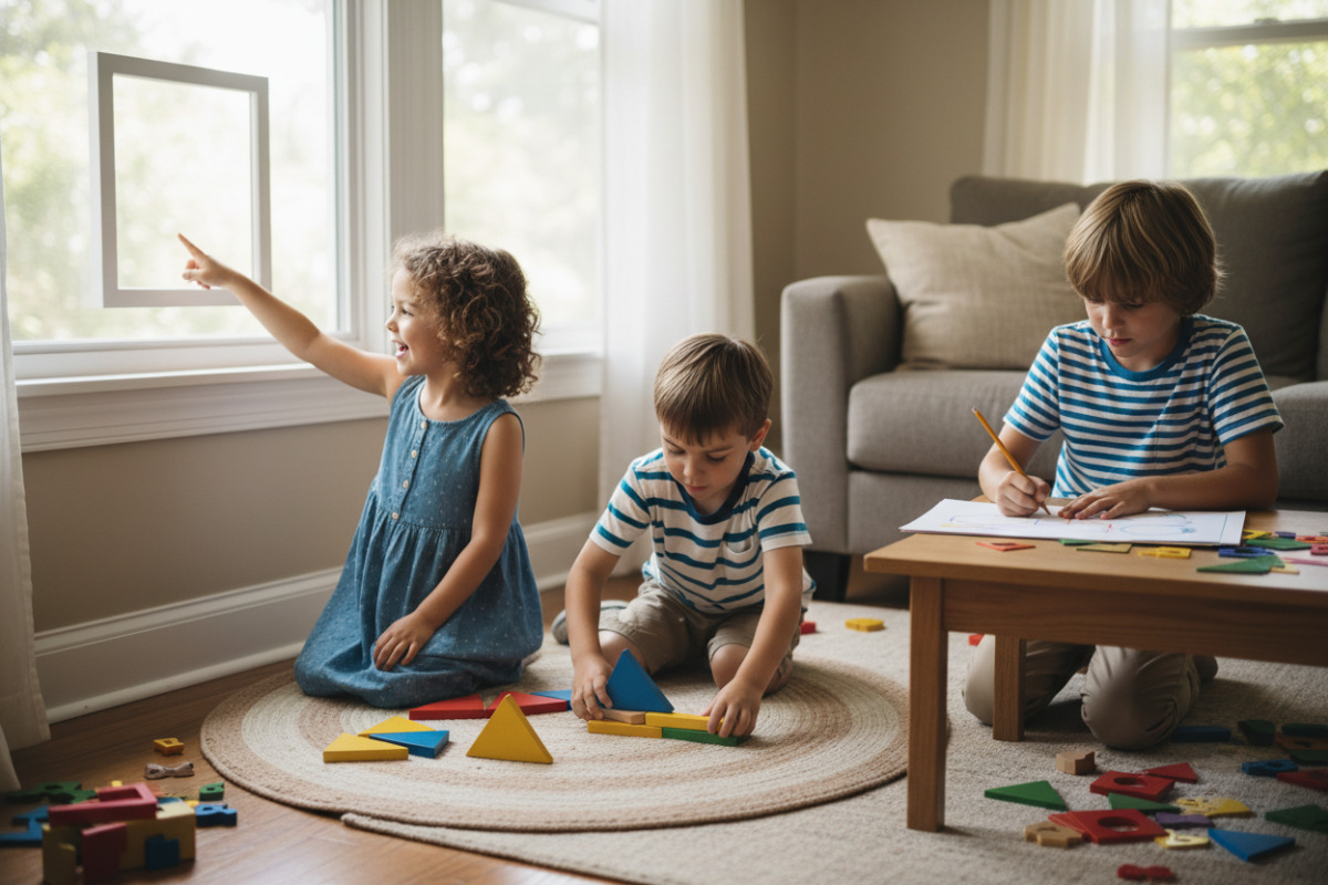 Alltagsszenen, in denen Kinder geometrische Formen suchen, legen, bauen und zeichnen