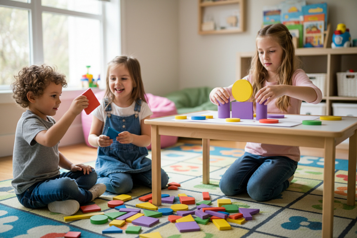 Alltagsszenen, in denen Kinder Formen entdecken, vergleichen, sortieren und kreativ nutzen