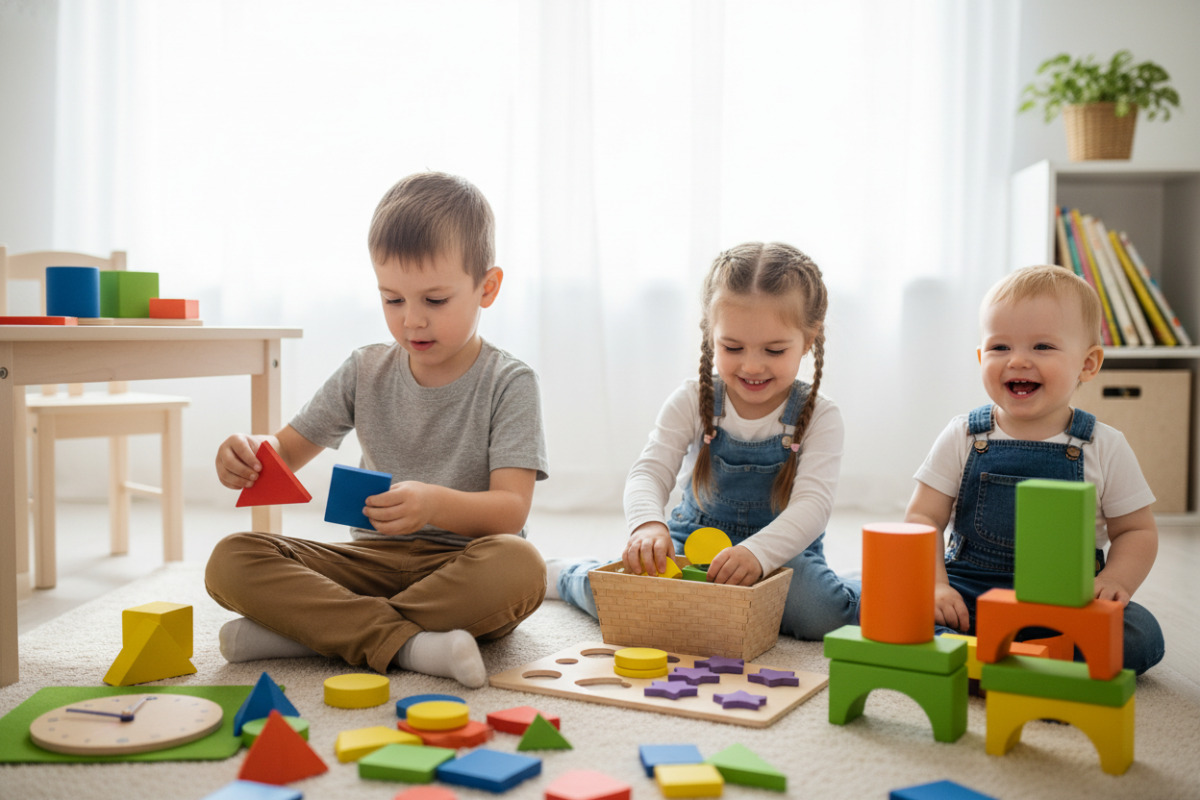 Alltagsszenen, in denen Kinder Formen entdecken, vergleichen, sortieren und kreativ nutzen