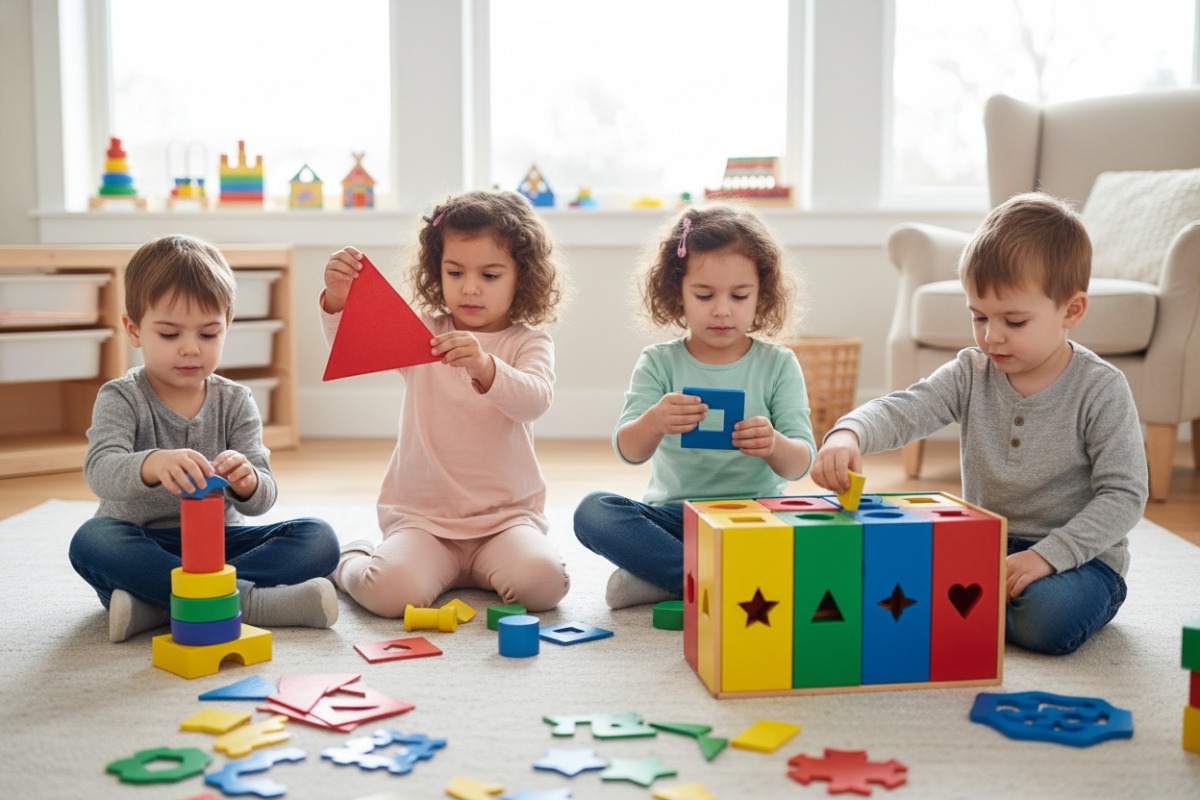 Alltagsszenen, in denen Kinder Formen entdecken, vergleichen, sortieren und kreativ nutzen