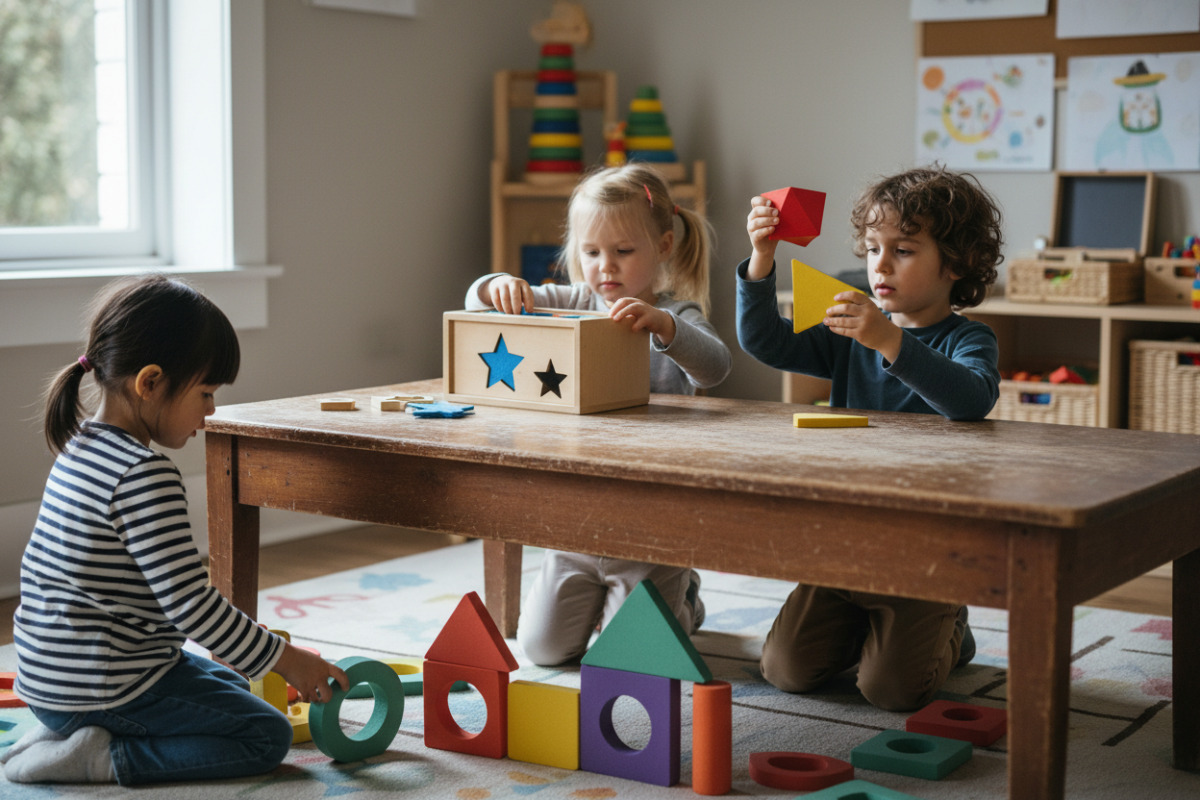 Alltagsszenen, in denen Kinder Formen entdecken, vergleichen, sortieren und kreativ nutzen