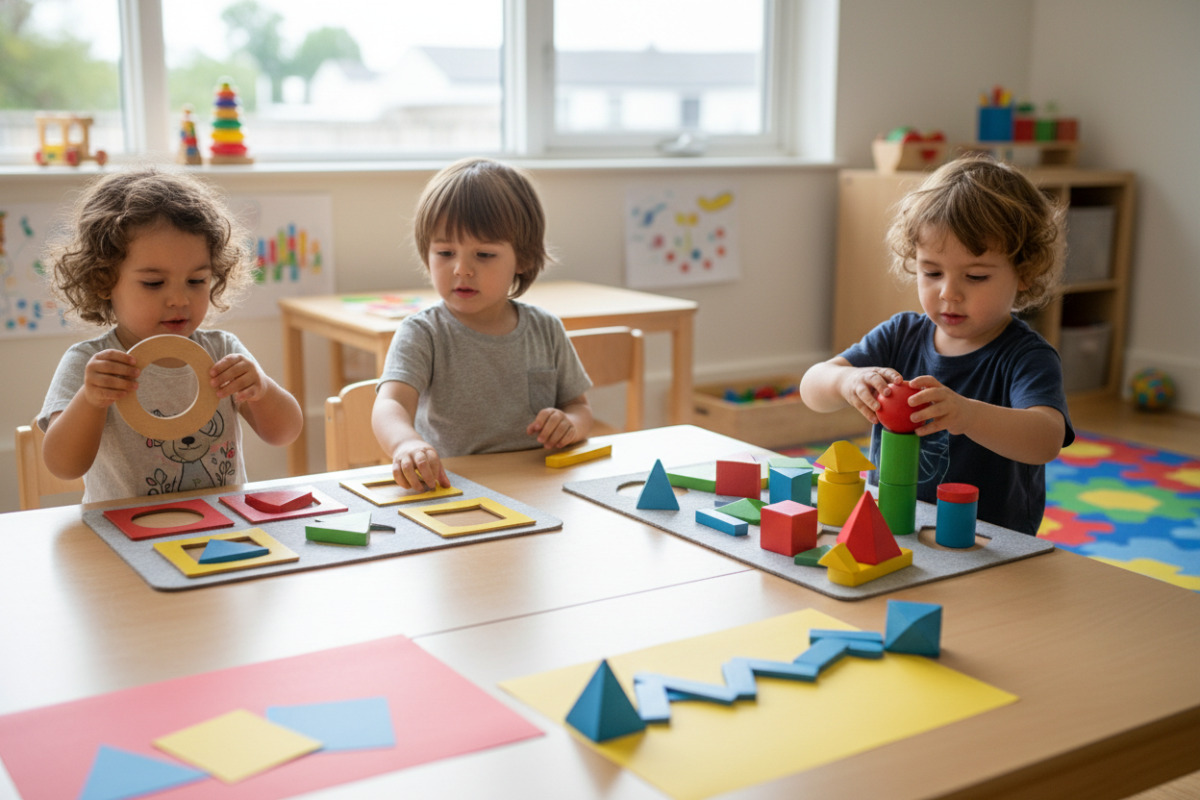 Alltagsszenen, in denen Kinder Kreise, Dreiecke, Vierecke und Körper entdecken, sortieren und kreativ nachlegen
