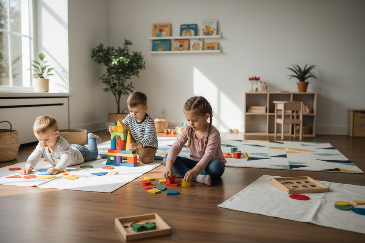 Alltagsszenen, in denen Kinder Kreise, Dreiecke, Vierecke und Körper entdecken, sortieren und kreativ nachlegen