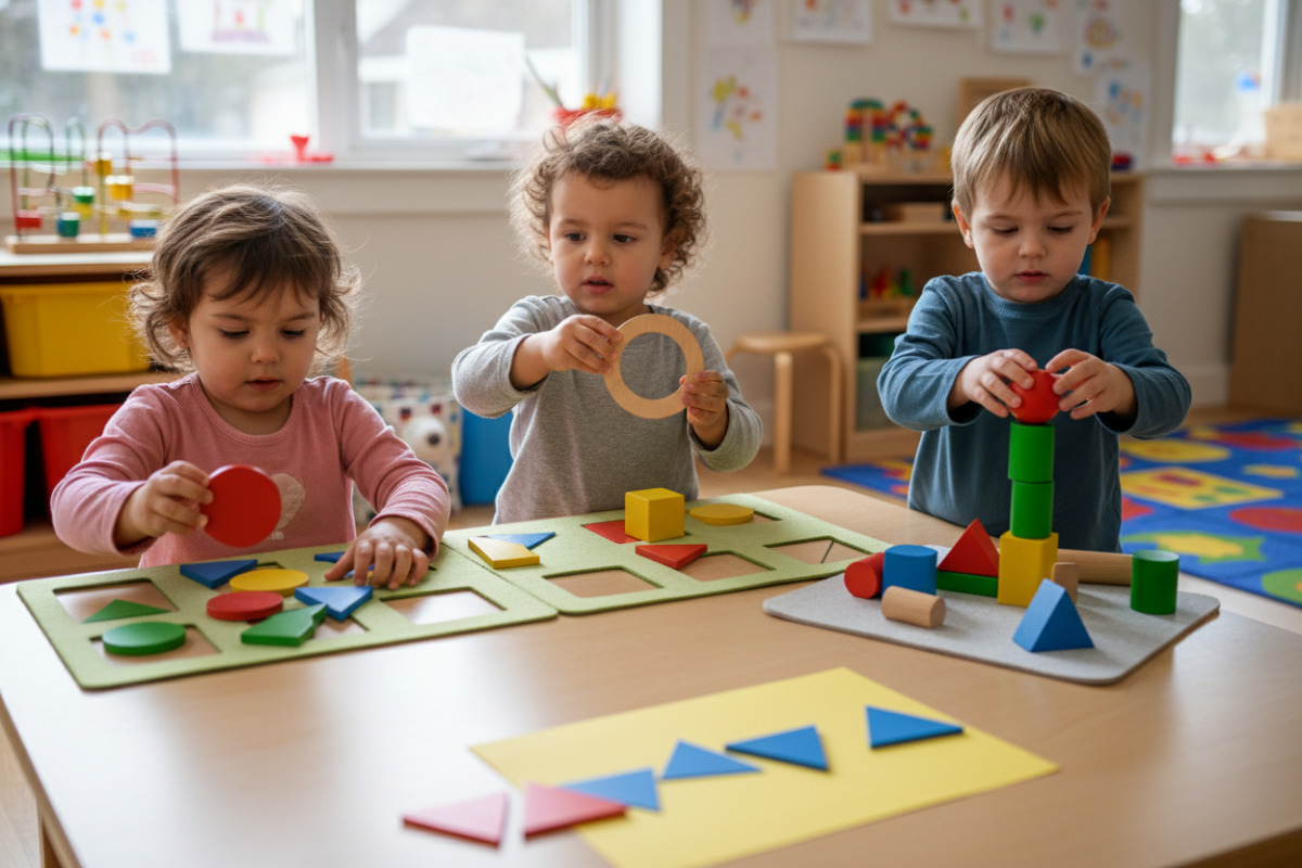 Alltagsszenen, in denen Kinder Kreise, Dreiecke, Vierecke und Körper entdecken, sortieren und kreativ nachlegen