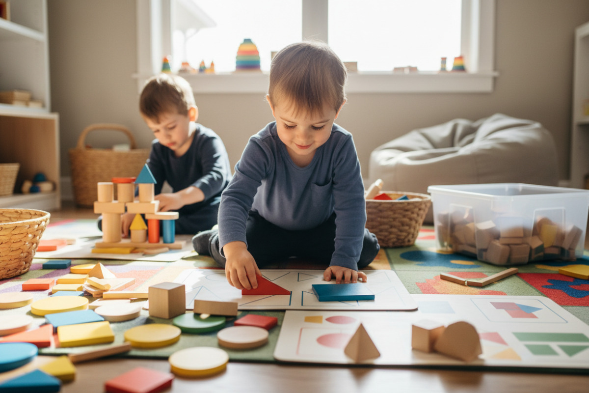 Alltagsszenen, in denen Kinder Kreise, Dreiecke, Vierecke und Körper entdecken, sortieren und kreativ nachlegen