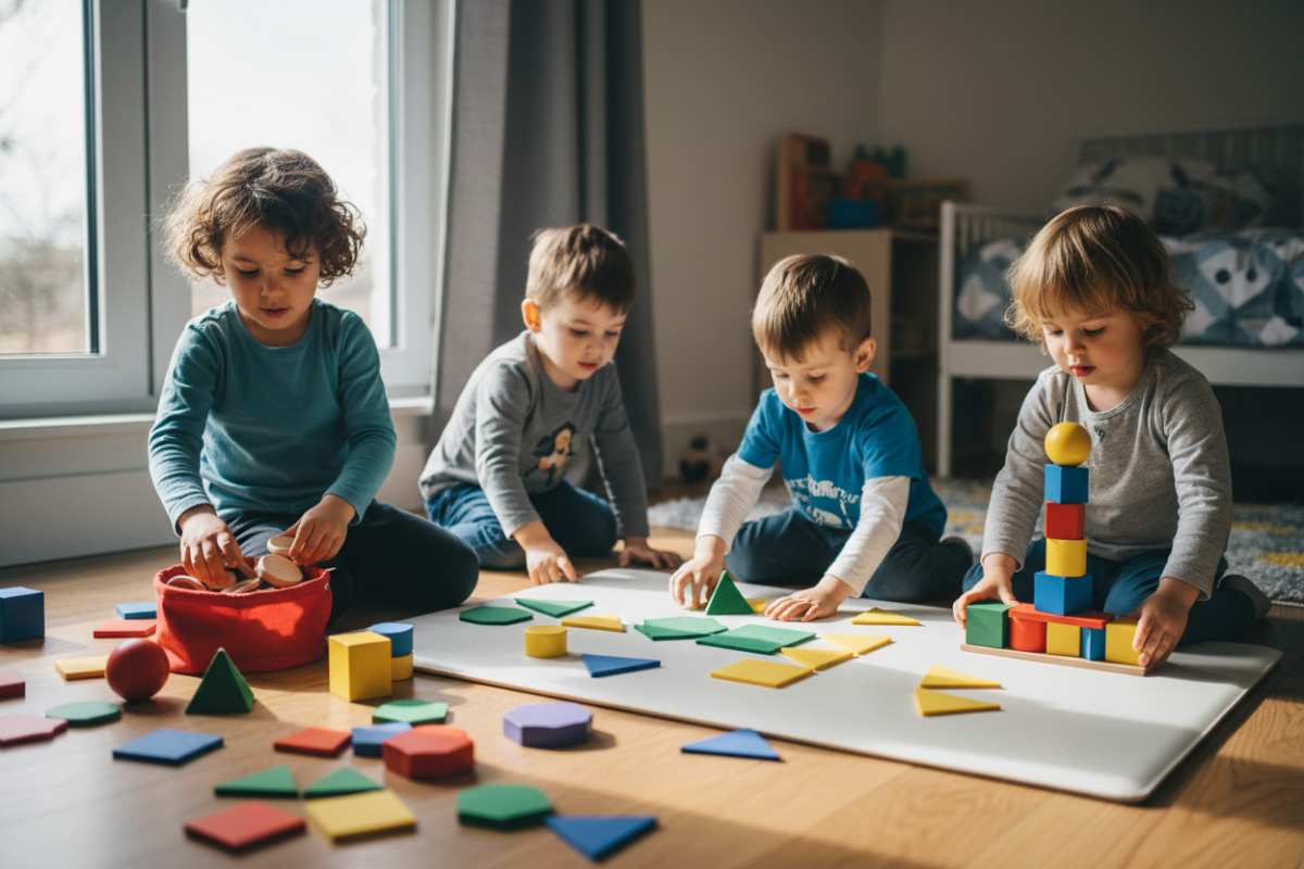 Alltagsszenen, in denen Kinder Kreise, Dreiecke, Vierecke und Körper entdecken, sortieren und kreativ nachlegen