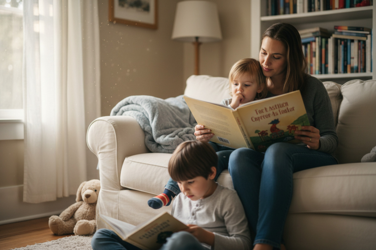 Alltagsszenen rund ums Vorlesen auswählen, zeigen, mitmachen, ruhig werden und gemeinsam im eigenen Tempo lesen.