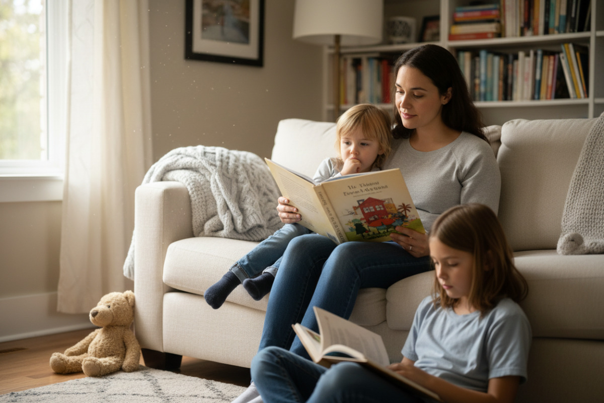 Alltagsszenen rund ums Vorlesen auswählen, zeigen, mitmachen, ruhig werden und gemeinsam im eigenen Tempo lesen.
