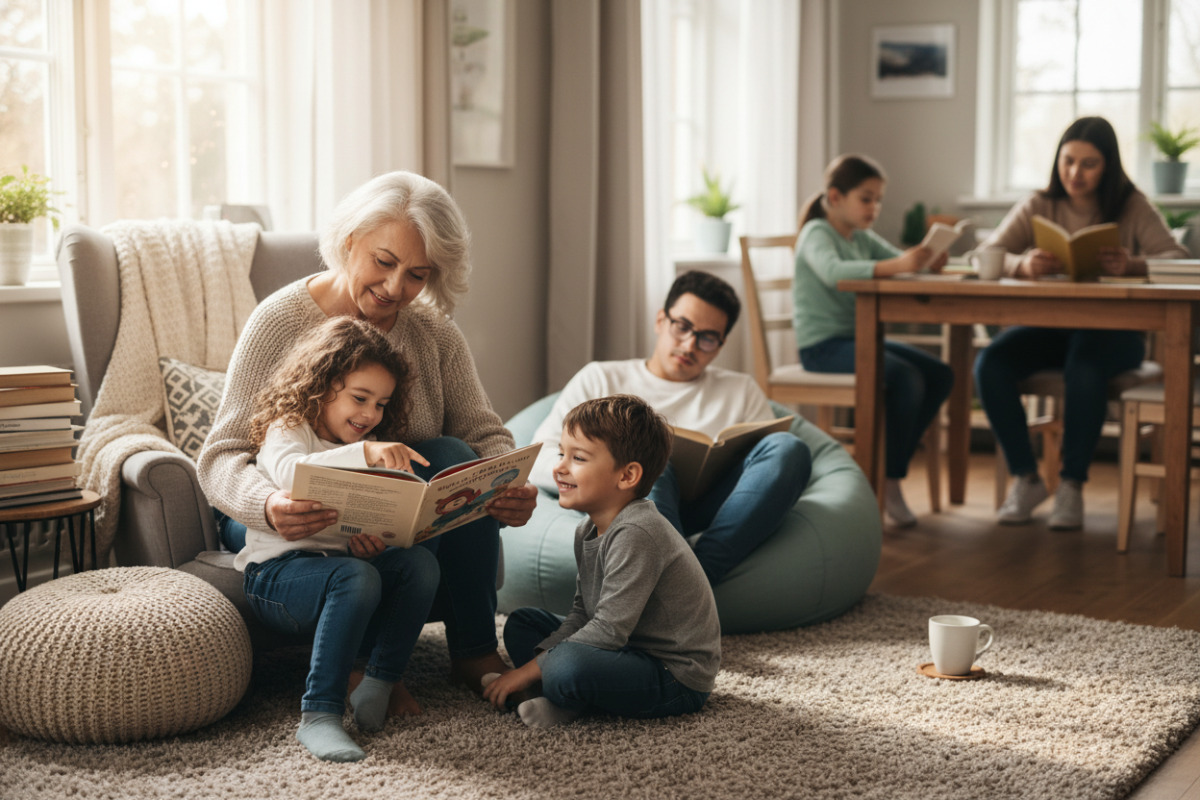 Alltagsszenen rund ums Vorlesen auswählen, zeigen, mitmachen, ruhig werden und gemeinsam im eigenen Tempo lesen.