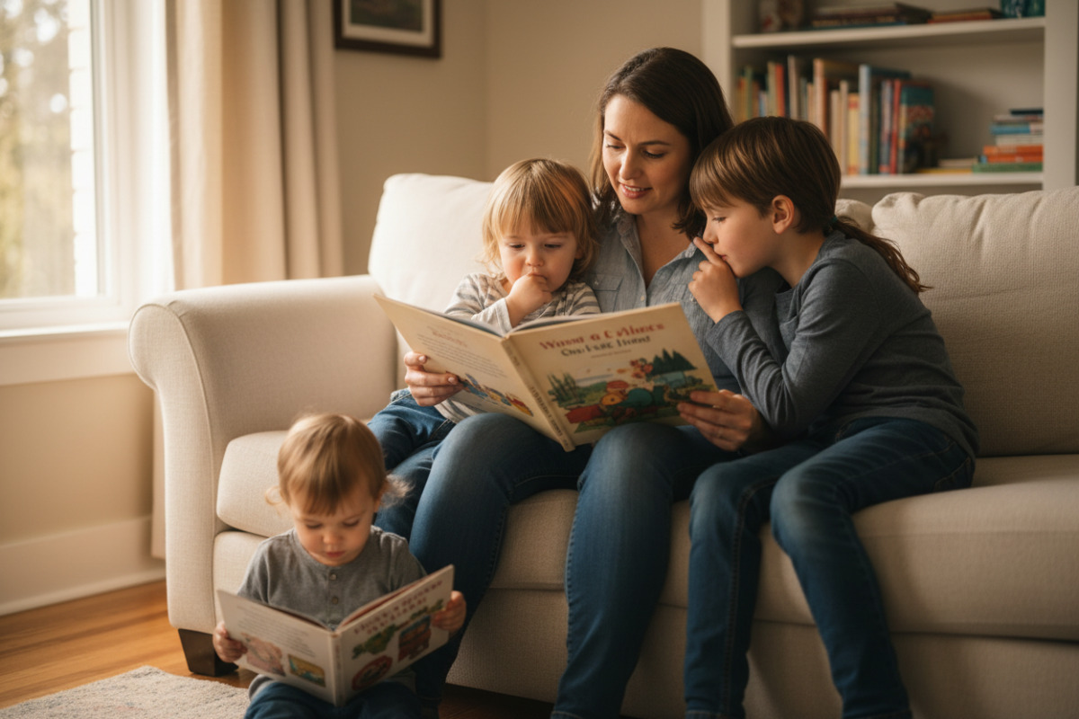 Alltagsszenen rund ums Vorlesen auswählen, zeigen, mitmachen, ruhig werden und gemeinsam im eigenen Tempo lesen.