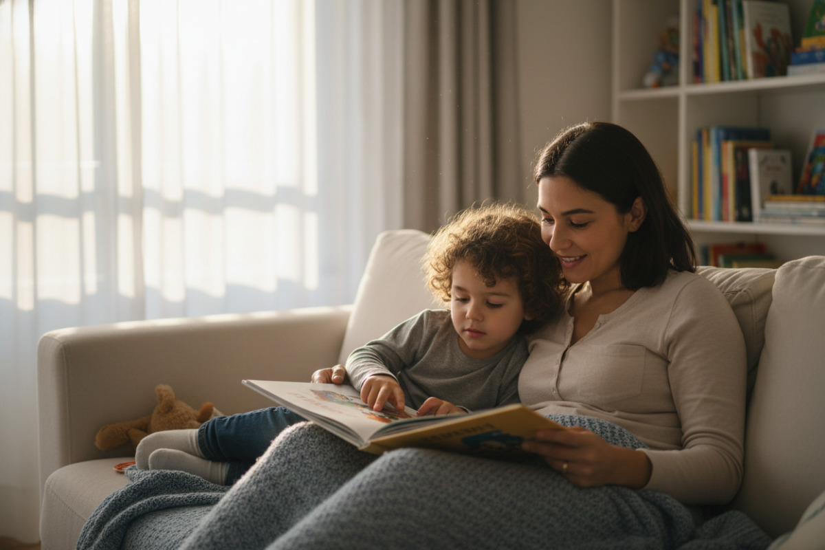 Alltagsszenen rund ums Vorlesen auswählen, zeigen, mitmachen, ruhig werden und gemeinsam im eigenen Tempo lesen.