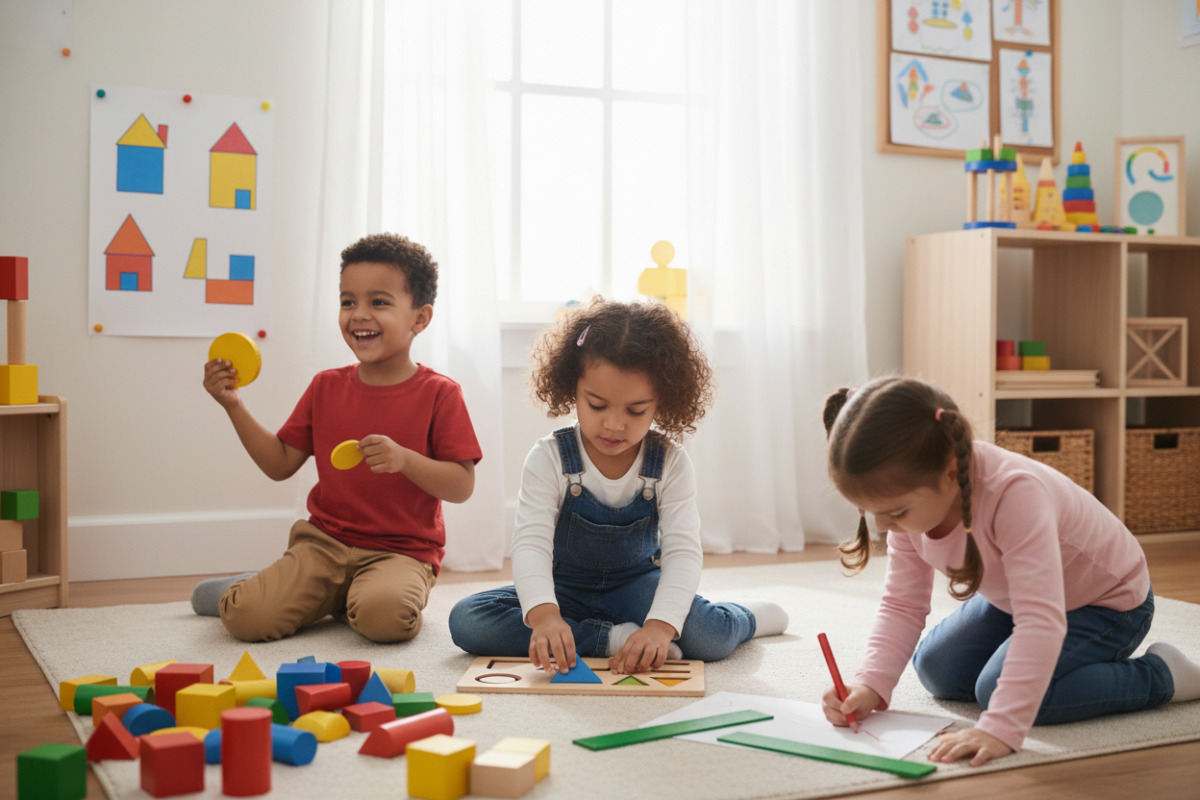 Alltagsszenen, in denen Kinder geometrische Formen erkennen, legen, sortieren und beim Zeichnen unterstützen können
