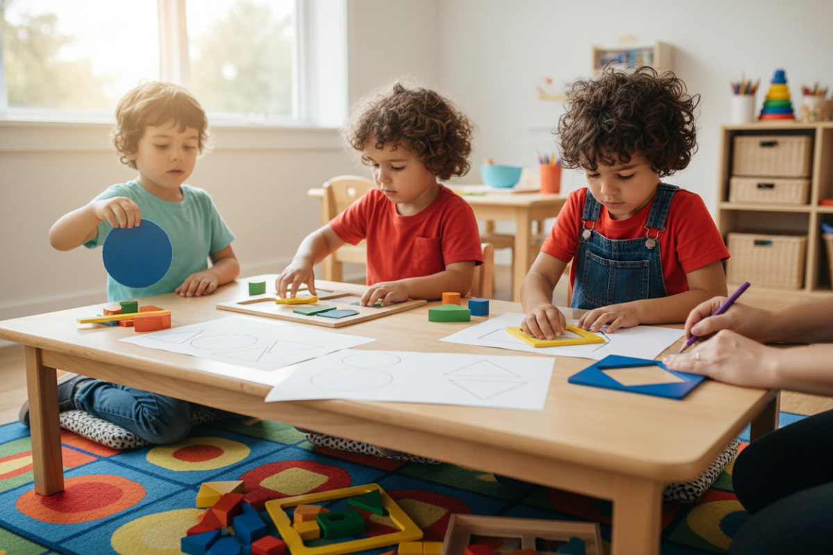Alltagsszenen, in denen Kinder geometrische Formen erkennen, legen, sortieren und beim Zeichnen unterstützen können