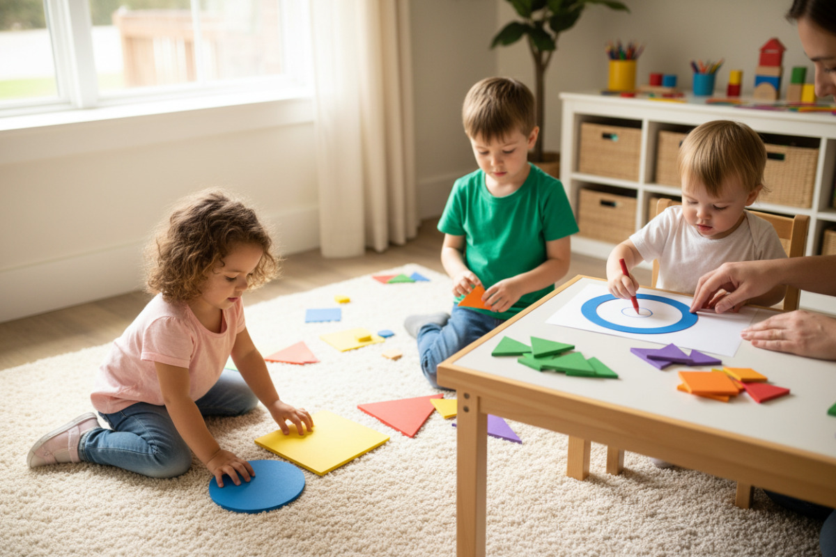 Alltagsszenen, in denen Kinder geometrische Formen erkennen, legen, sortieren und beim Zeichnen unterstützen können