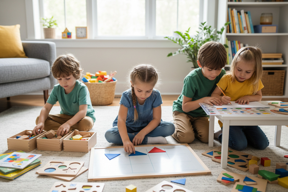 Alltagsszenen, in denen Kinder geometrische Formen erkennen, legen, sortieren und beim Zeichnen unterstützen können