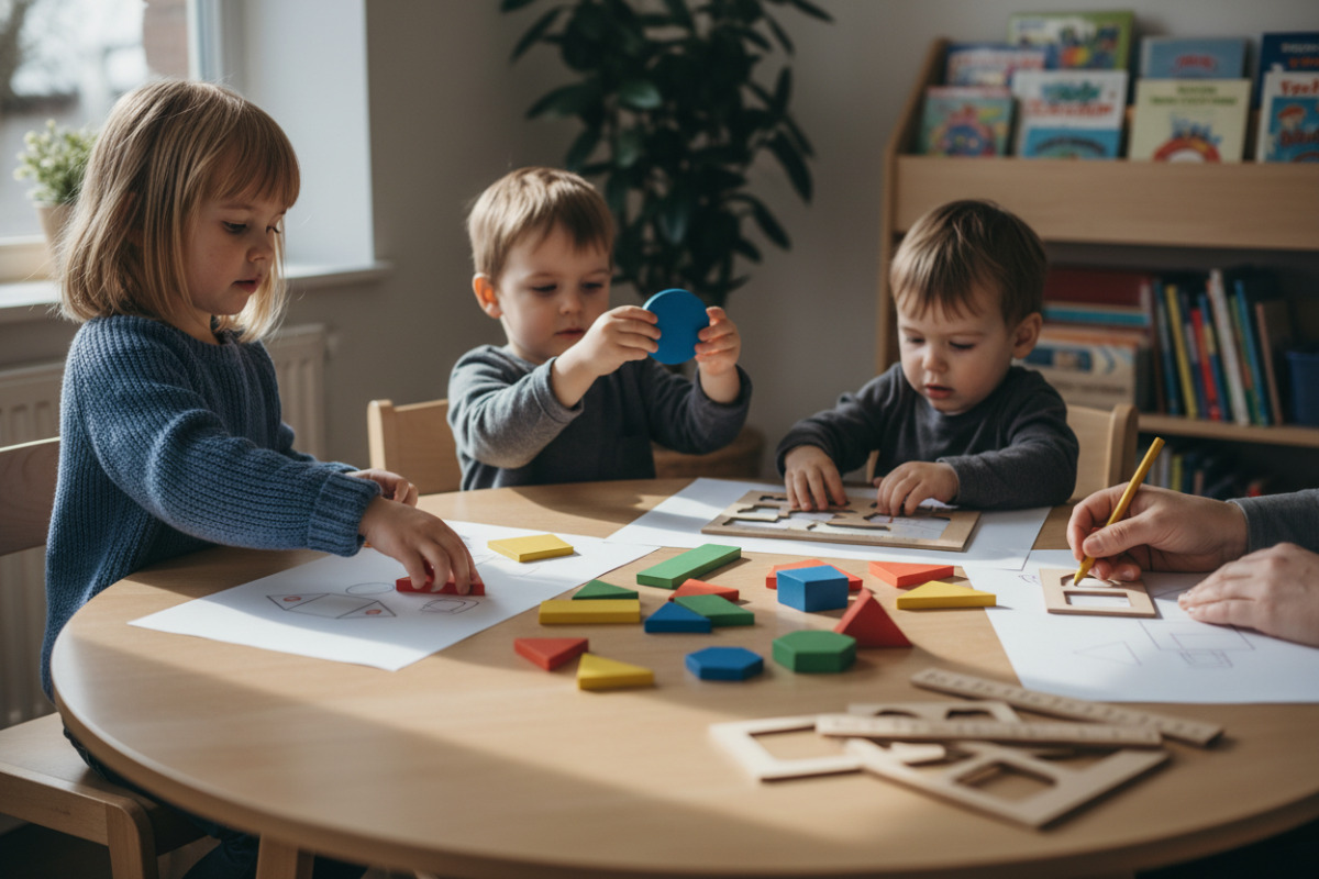 Alltagsszenen, in denen Kinder geometrische Formen erkennen, legen, sortieren und beim Zeichnen unterstützen können