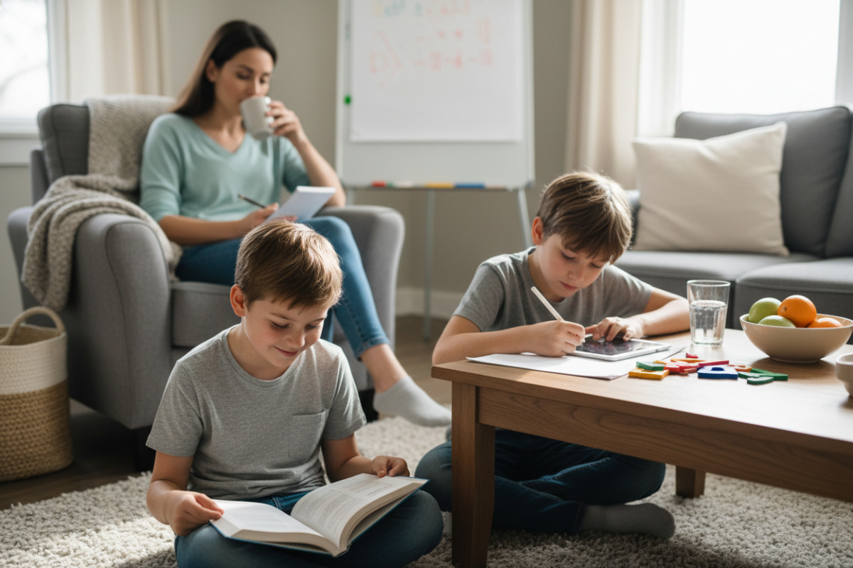 Alltagsszenen zeigen, wie Lesen, Rechnen, kurze Lernphasen und Pausen zu Hause entspannt zusammenspielen können