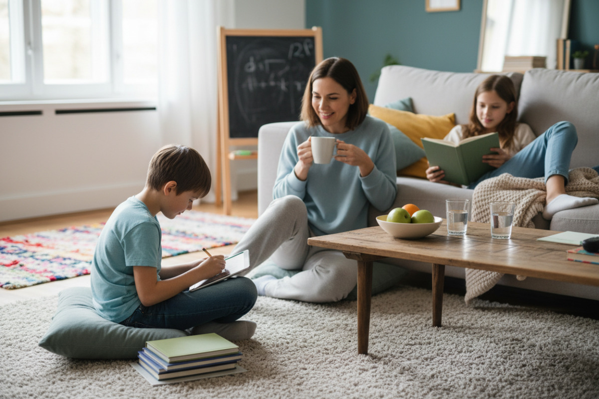 Alltagsszenen zeigen, wie Lesen, Rechnen, kurze Lernphasen und Pausen zu Hause entspannt zusammenspielen können