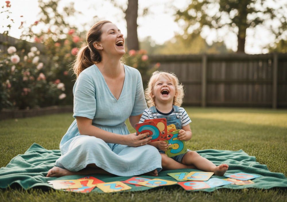 Mutter und Kind lachen gemeinsam beim Spielen mit Zahlenkarten