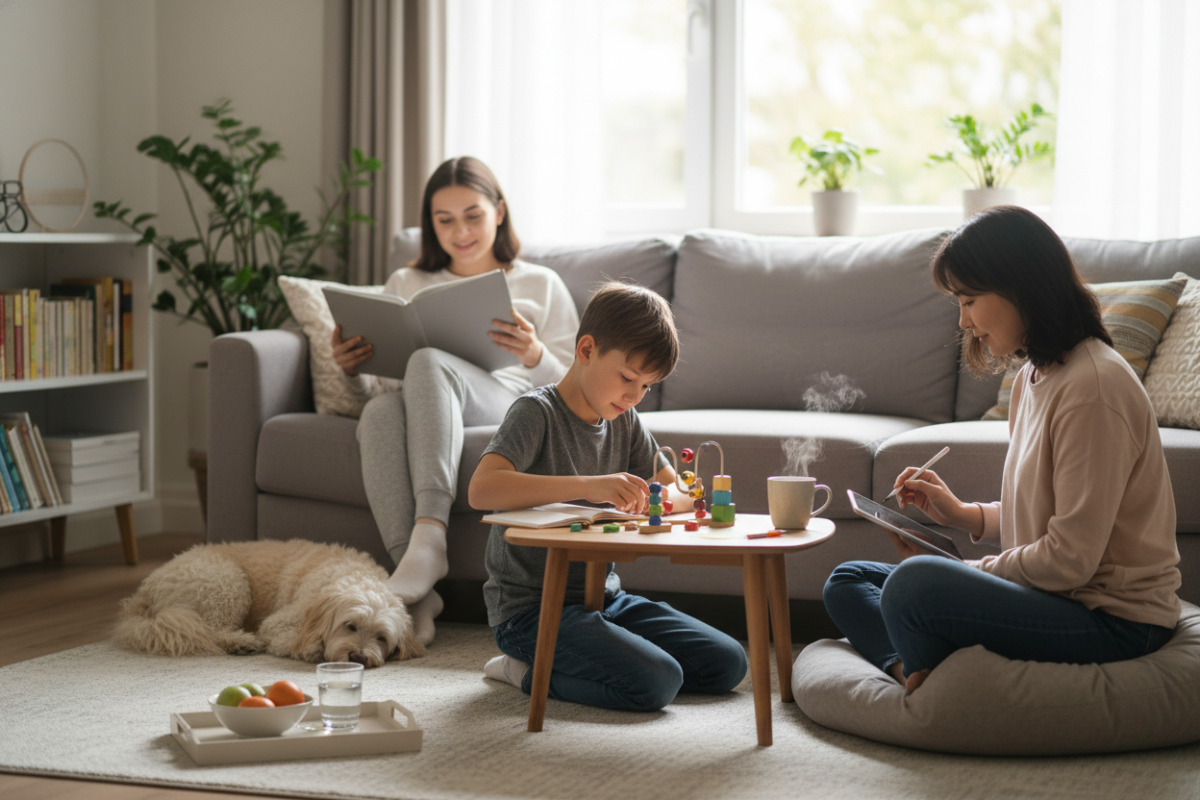 Alltagsszenen zeigen, wie Lesen, Rechnen, kurze Lernphasen und Pausen zu Hause entspannt zusammenspielen können