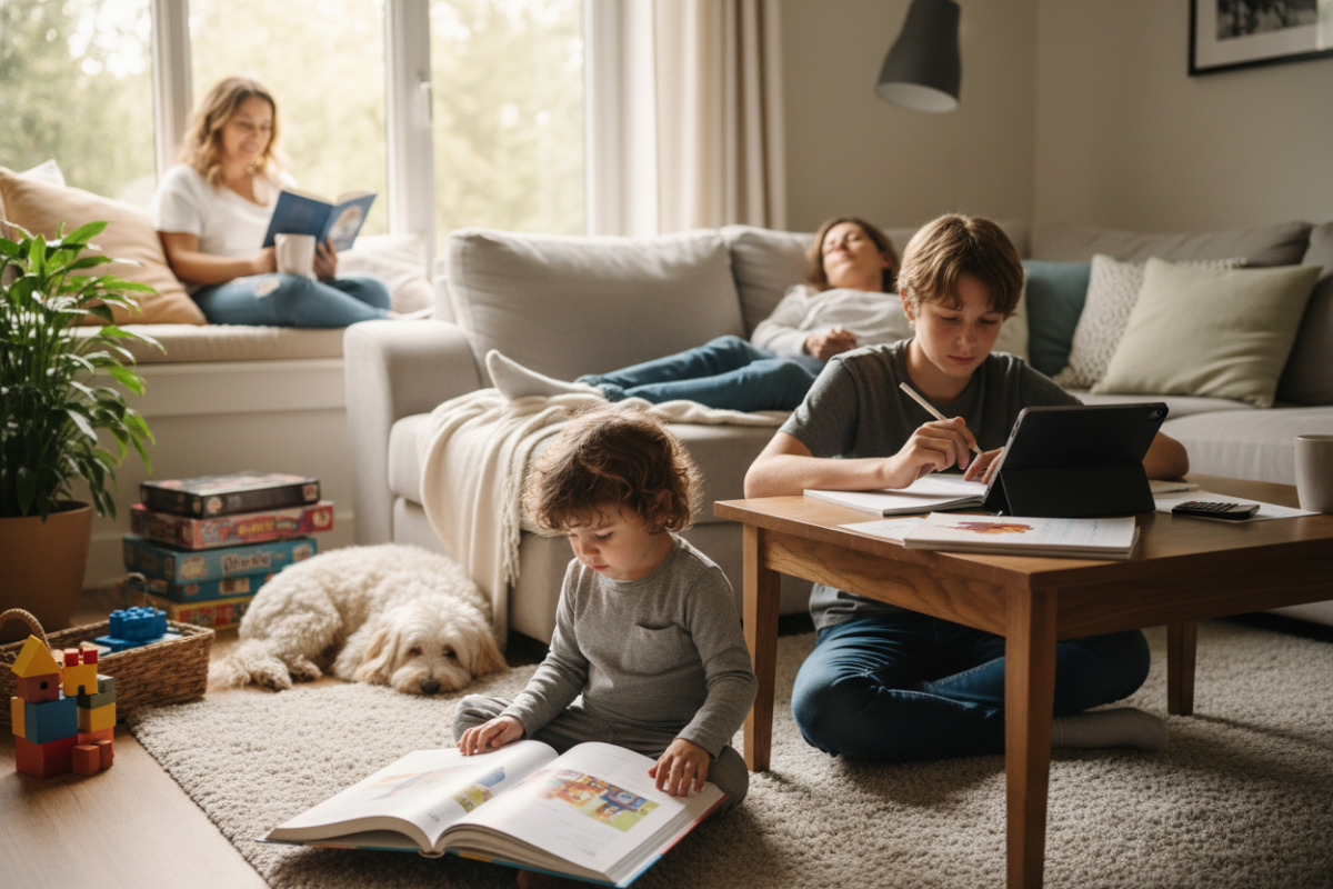 Alltagsszenen zeigen, wie Lesen, Rechnen, kurze Lernphasen und Pausen zu Hause entspannt zusammenspielen können