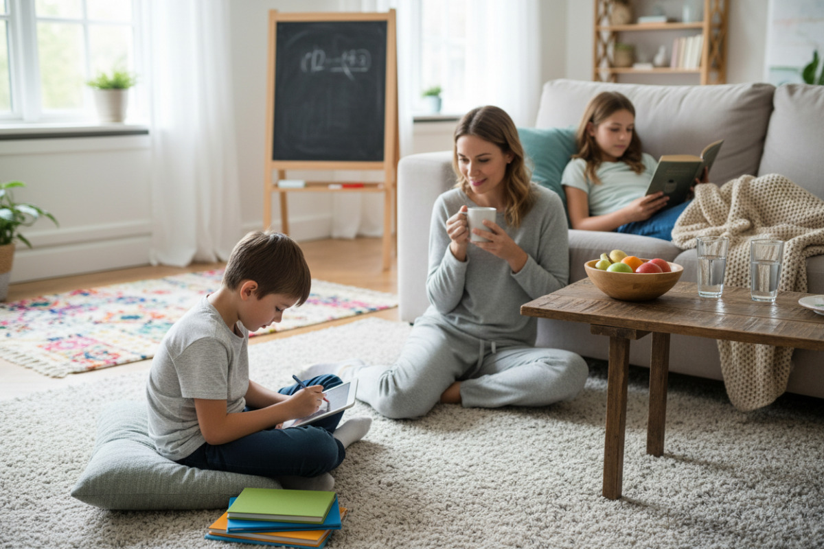 Alltagsszenen zeigen, wie Lesen, Rechnen, kurze Lernphasen und Pausen zu Hause entspannt zusammenspielen können