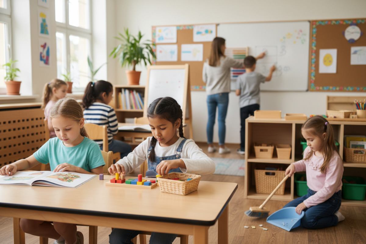 Die Bilder zeigen ruhige Unterrichtsmomente, in denen Kinder mit klaren Routinen lesen, rechnen, aufräumen und ihren