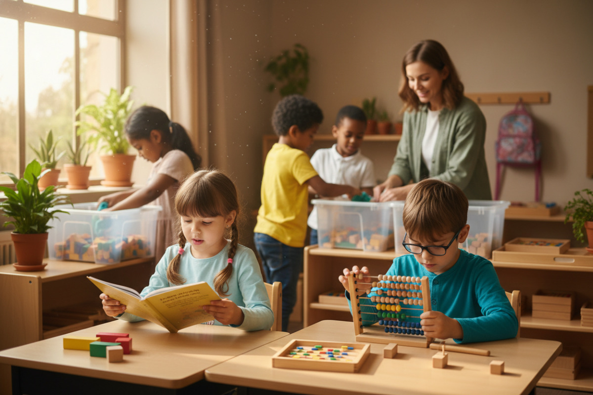 Die Bilder zeigen ruhige Unterrichtsmomente, in denen Kinder mit klaren Routinen lesen, rechnen, aufräumen und ihren