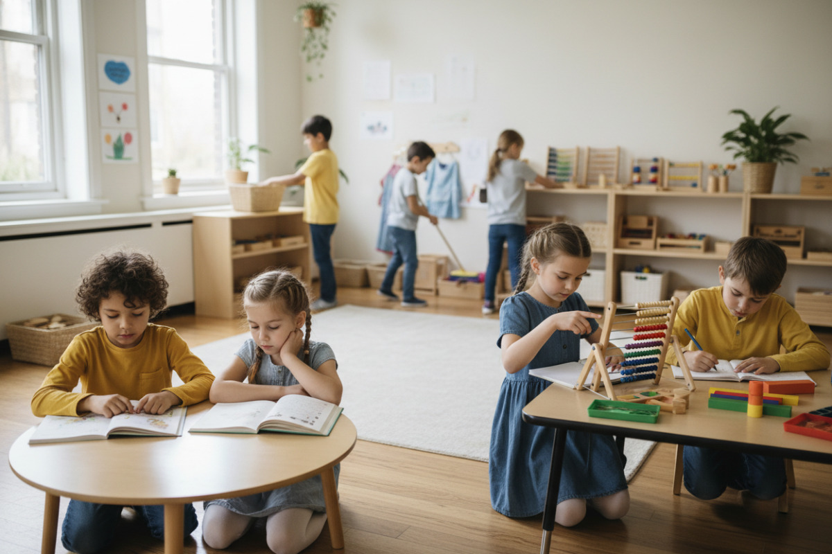 Die Bilder zeigen ruhige Unterrichtsmomente, in denen Kinder mit klaren Routinen lesen, rechnen, aufräumen und ihren