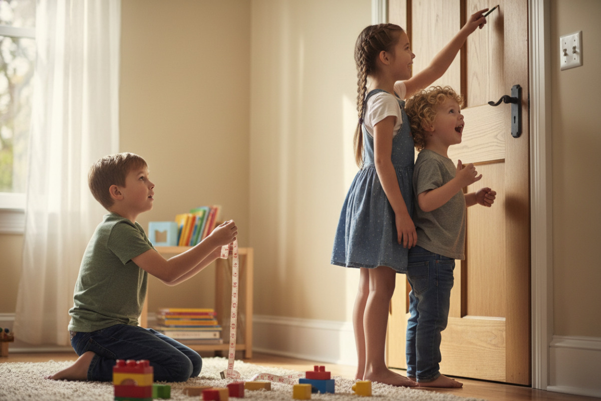 Die Bilder zeigen Alltagssituationen, in denen Kinder Höhe vergleichen, schätzen und sprachlich beschreiben.
