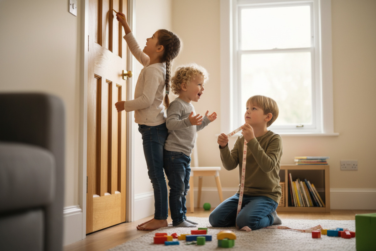 Die Bilder zeigen Alltagssituationen, in denen Kinder Höhe vergleichen, schätzen und sprachlich beschreiben.