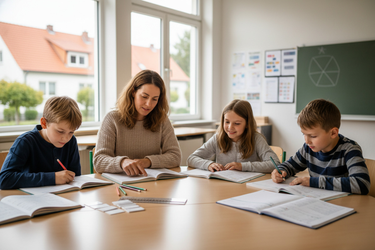 Die Bilder zeigen ruhige Unterrichtsmomente, in denen Lesen, Verstehen, Rechnen und verlässliche Abläufe