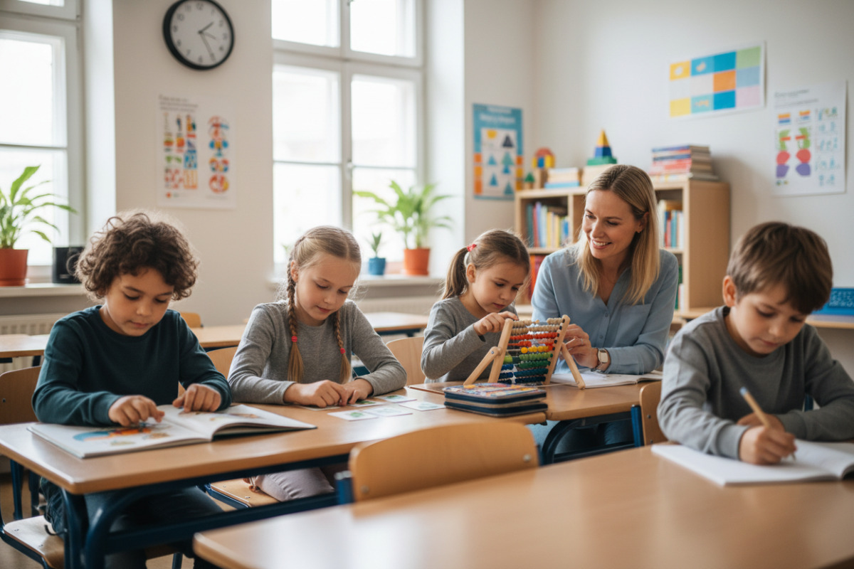 Die Bilder zeigen ruhige Unterrichtsmomente, in denen Lesen, Verstehen, Rechnen und verlässliche Abläufe