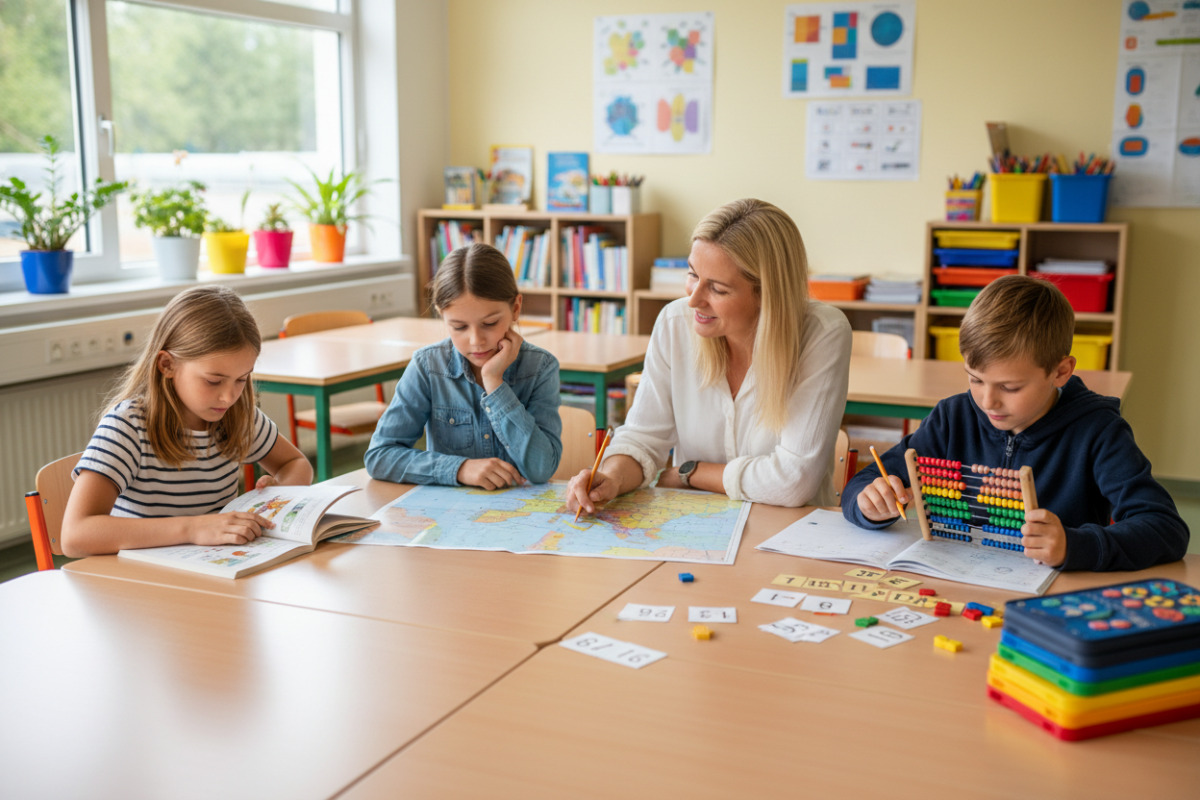Die Bilder zeigen ruhige Unterrichtsmomente, in denen Lesen, Verstehen, Rechnen und verlässliche Abläufe
