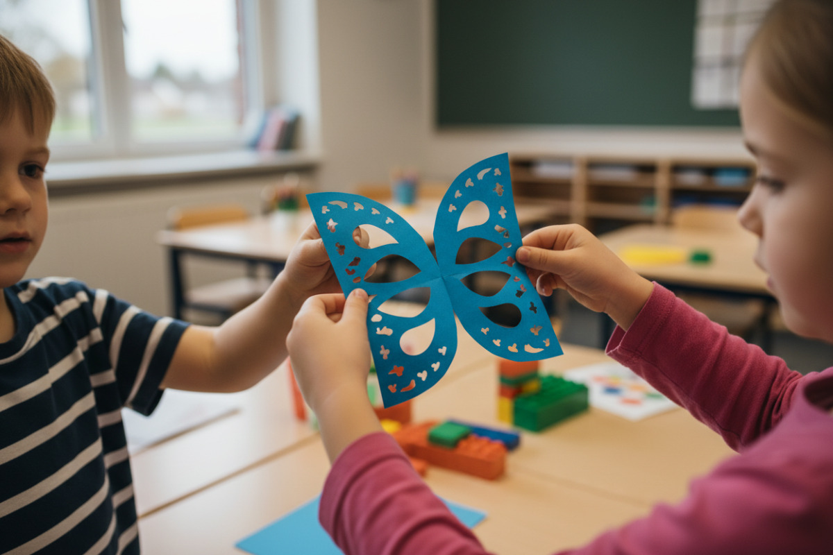 Abb. einfache Faltfigur hilft Kindern, Symmetrie mit den Händen zu verstehen.