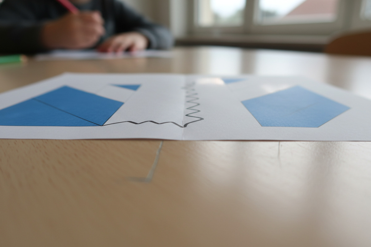 Abb. Mit gezeichneten Linie in der Mitte wird sichtbar, ob Seiten zusammenpassen.